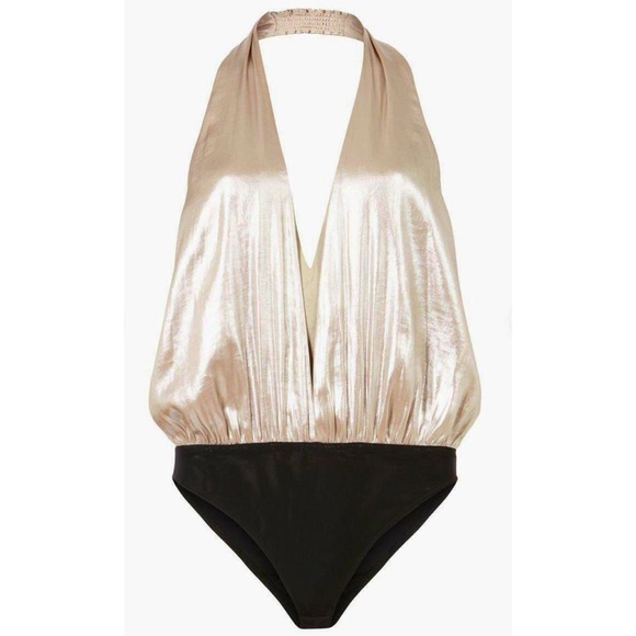 New AllSaints Dora Halter 6 / Sm Champagne Black Satin V-Neck Open Back Bodysuit - Picture 8 of 11